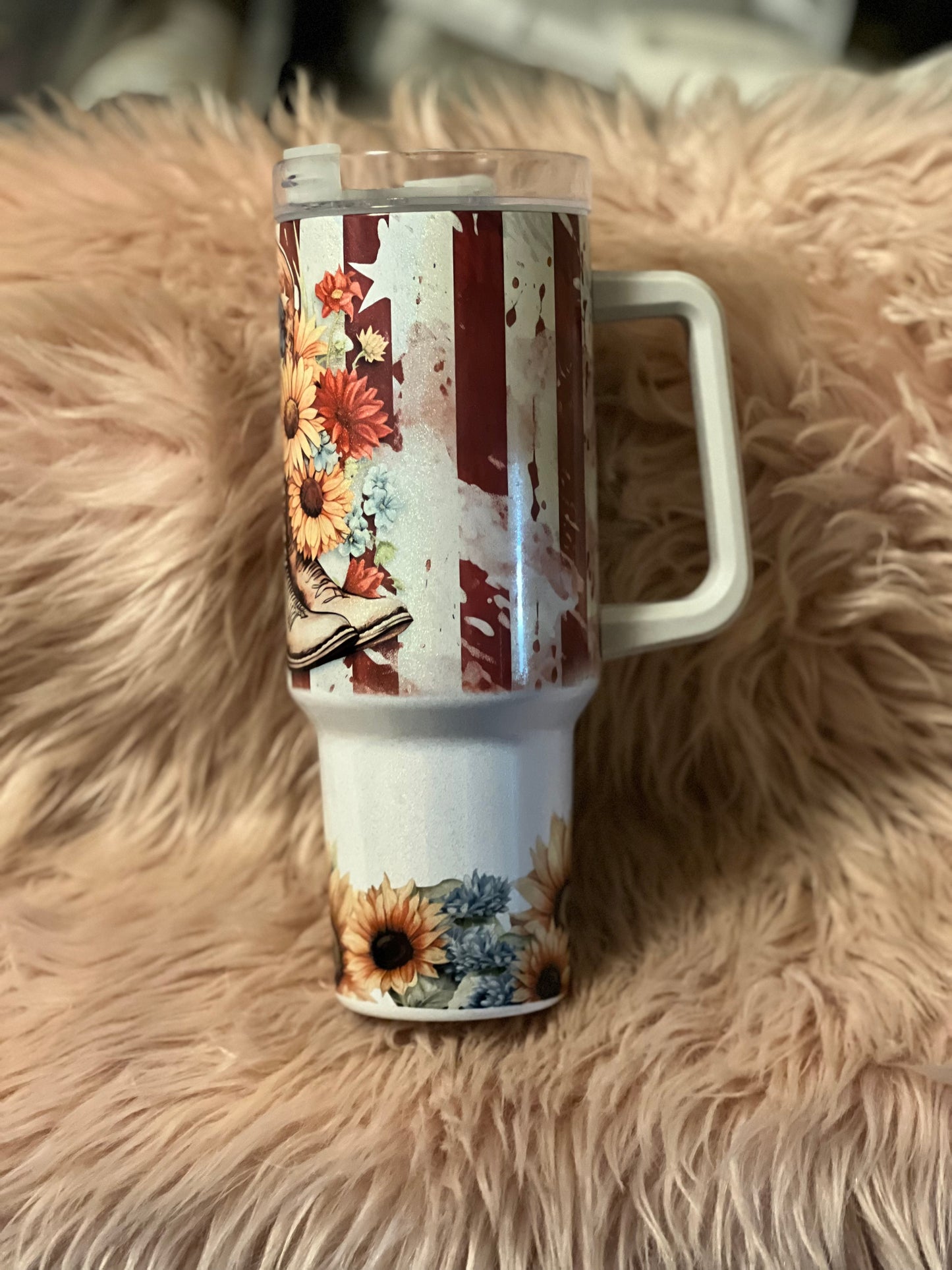 40oz Shimmer Tumbler w/Handle Patriotic Boots and Sunflowers