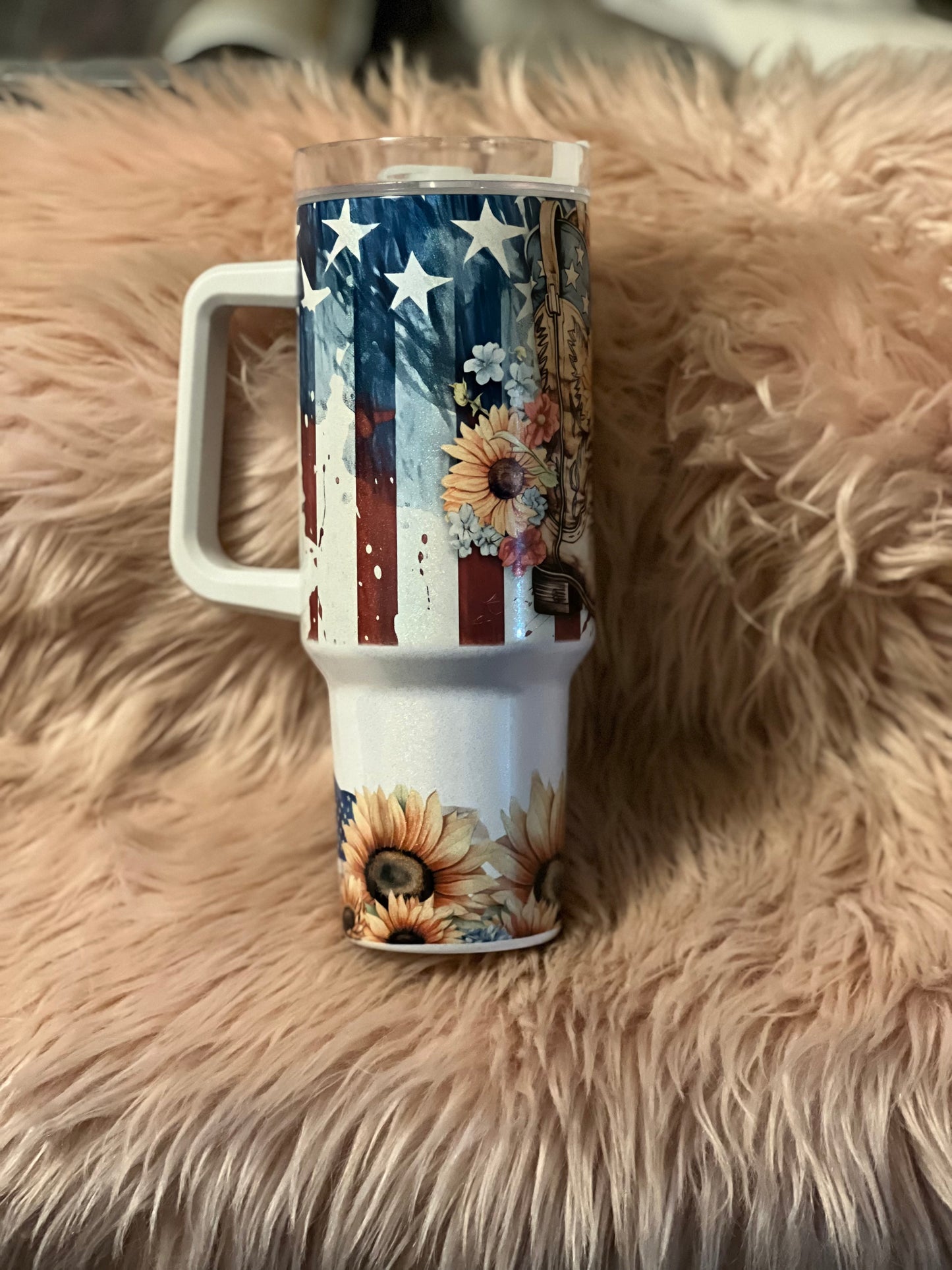 40oz Shimmer Tumbler w/Handle Patriotic Boots and Sunflowers
