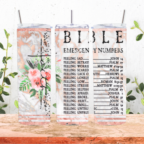 Floral Bible Emergency Numbers Tumbler