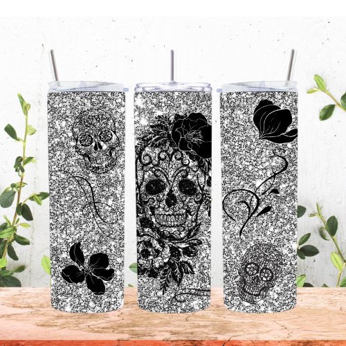 Silver Fauxe Glitter Skull 20oz Tumbler