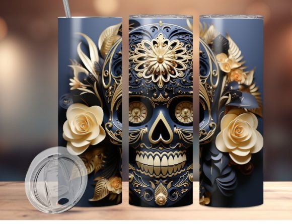 3D Black and Gold Sugar Skull 20oz Subliminal Tumbler