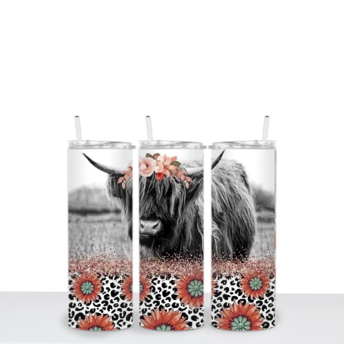 Grey Highland Cow w/Flowers Tumbler