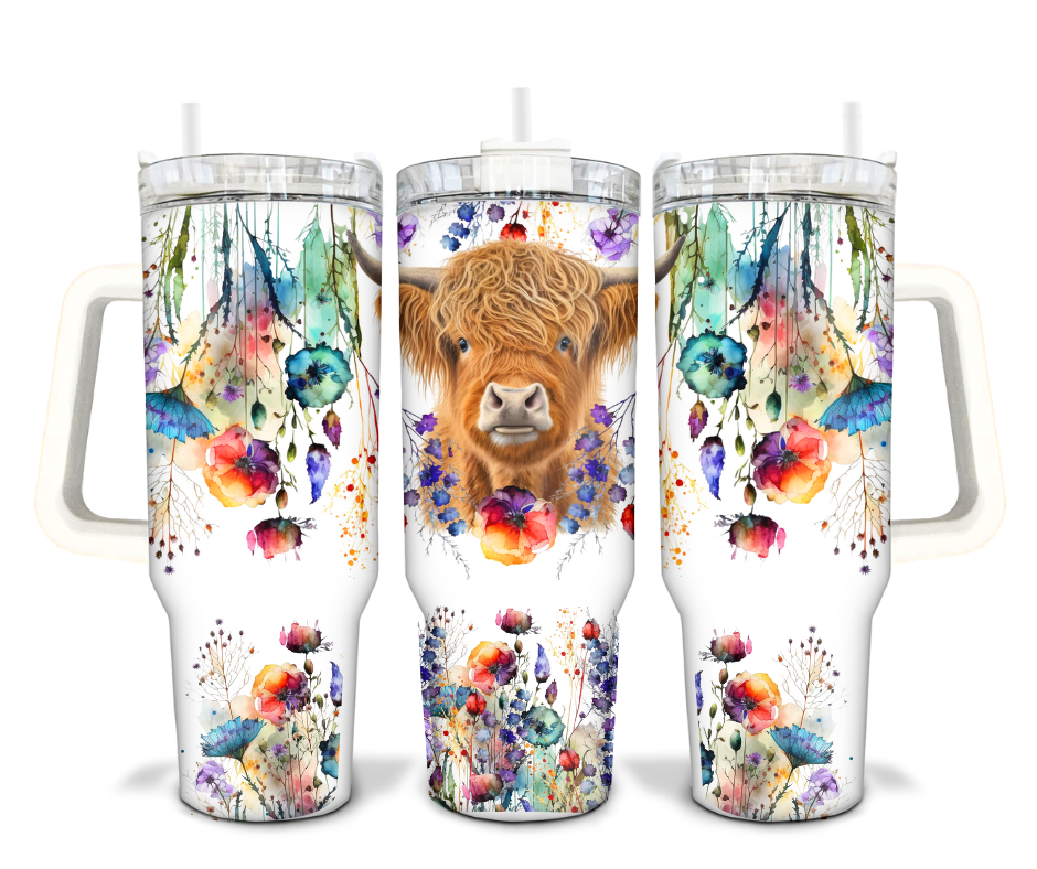 Highland Cow w/Various Flowers 40oz Tumbler