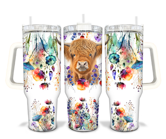 Highland Cow w/Various Flowers 40oz Tumbler