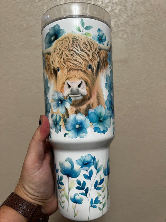 Blue Flower Moo 40oz Handle Tumbler