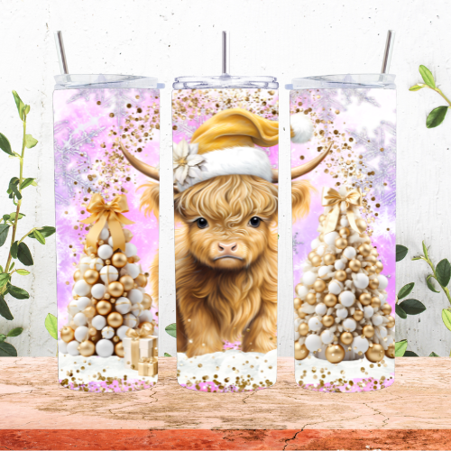 Pink and Gold Highland Cow Tumbler