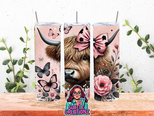 Pink Floral Highland Cow 20oz Tumbler