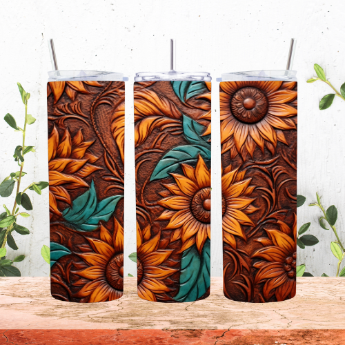 Tooled Sunflowers w/Green Leaves 20oz Tumbler